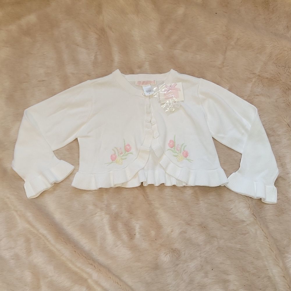 JANIE AND JACK WHITE 100% COTTON RUFFLE HEM SWEATER CARDIGAN SHRUG, SIZE 2T, NEW